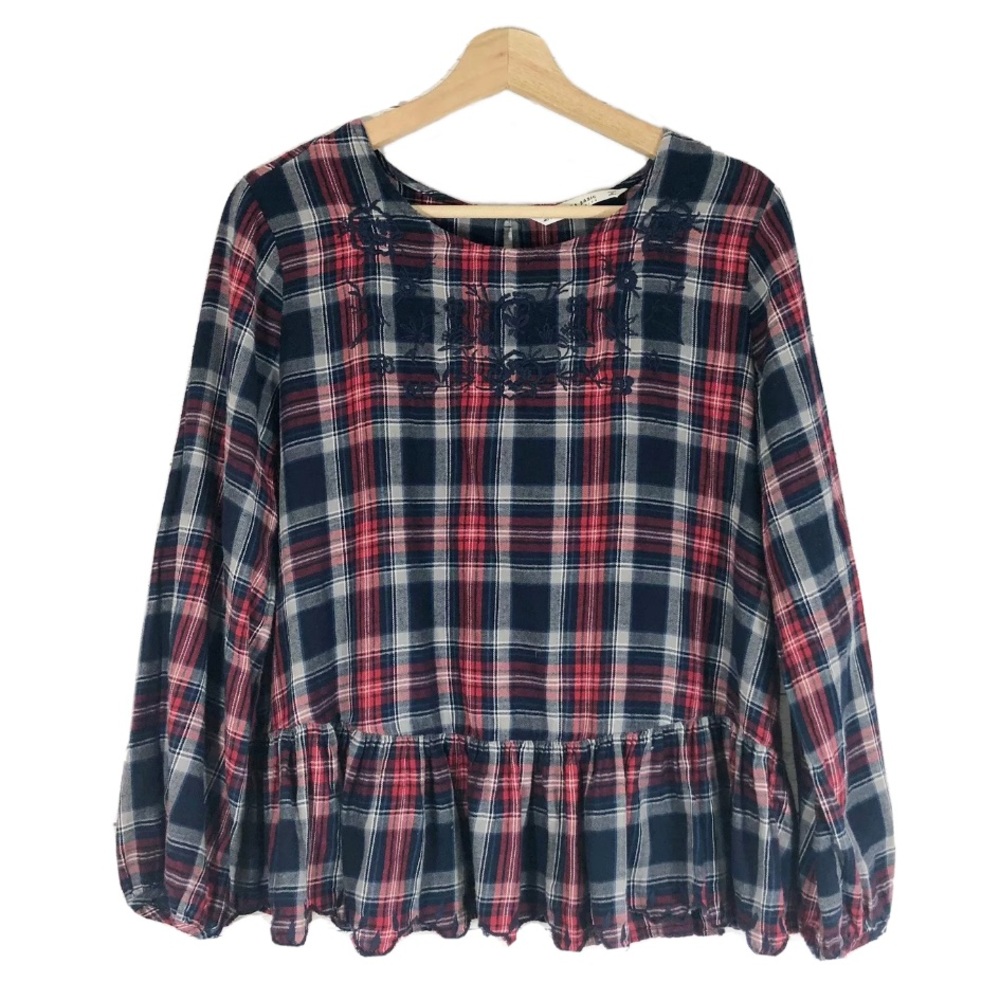 Zara Plaid Embroidered Peplum Top Long Sleeves Red Navy Sz S